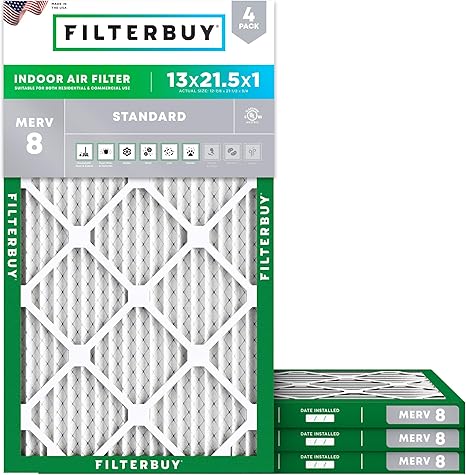 Filterbuy 13x21.5x1 Air Filter MERV 8 Essential Dust & Allergy Defense (4-Pack), Electrostatic Pleated HVAC AC Furnace Filters Replacement, Made in USA (Actual Size: 12.88 x 21.50 x 0.75)